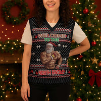 Bodybuilder Santa Christmas Knitted V-Neck Vest with Welcome to the North Swole Quote and Dumbbell - Wonder Print Shop