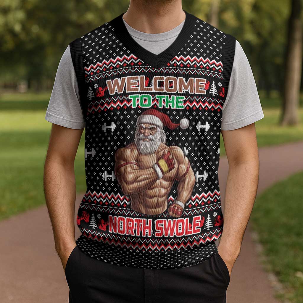 Bodybuilder Santa Christmas Knitted V-Neck Vest with Welcome to the North Swole Quote and Dumbbell - Wonder Print Shop