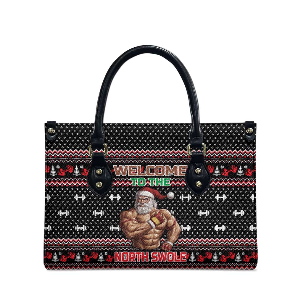 Bodybuilder Santa Christmas Leather Bag with Welcome to the North Swole Quote and Dumbbell - Wonder Print Shop