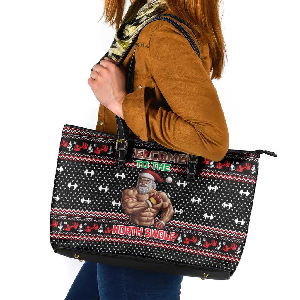 Bodybuilder Santa Christmas Leather Tote Bag with Welcome to the North Swole Quote and Dumbbell - Wonder Print Shop