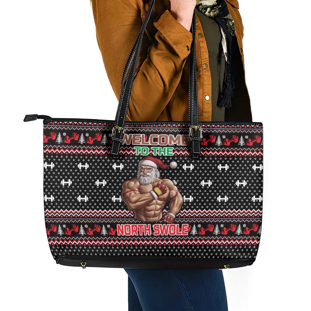 Bodybuilder Santa Christmas Leather Tote Bag with Welcome to the North Swole Quote and Dumbbell - Wonder Print Shop