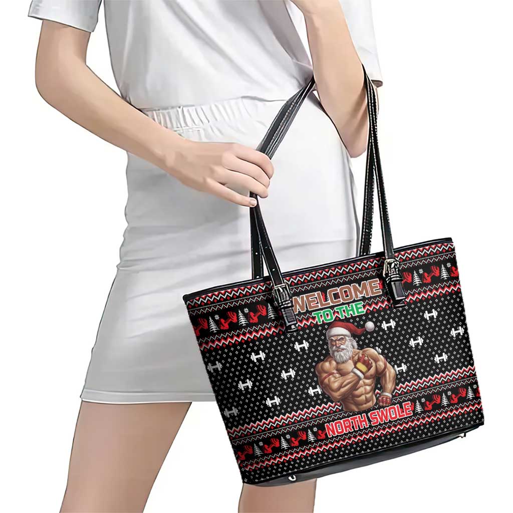 Bodybuilder Santa Christmas Leather Tote Bag with Welcome to the North Swole Quote and Dumbbell - Wonder Print Shop