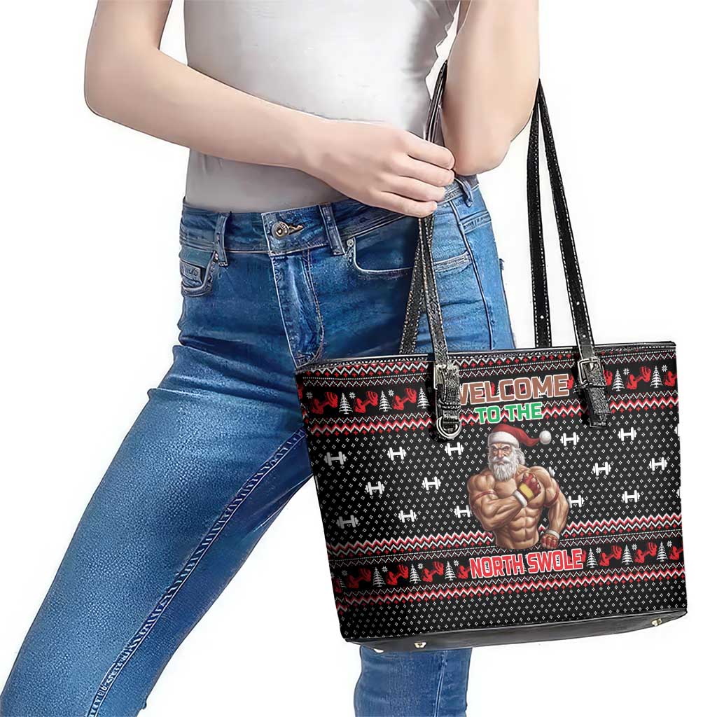 Bodybuilder Santa Christmas Leather Tote Bag with Welcome to the North Swole Quote and Dumbbell - Wonder Print Shop