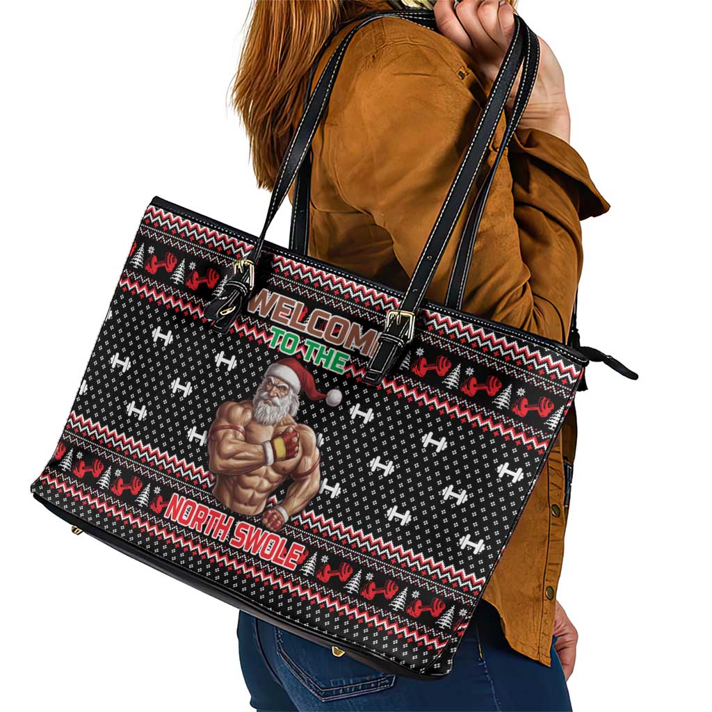 Bodybuilder Santa Christmas Leather Tote Bag with Welcome to the North Swole Quote and Dumbbell - Wonder Print Shop