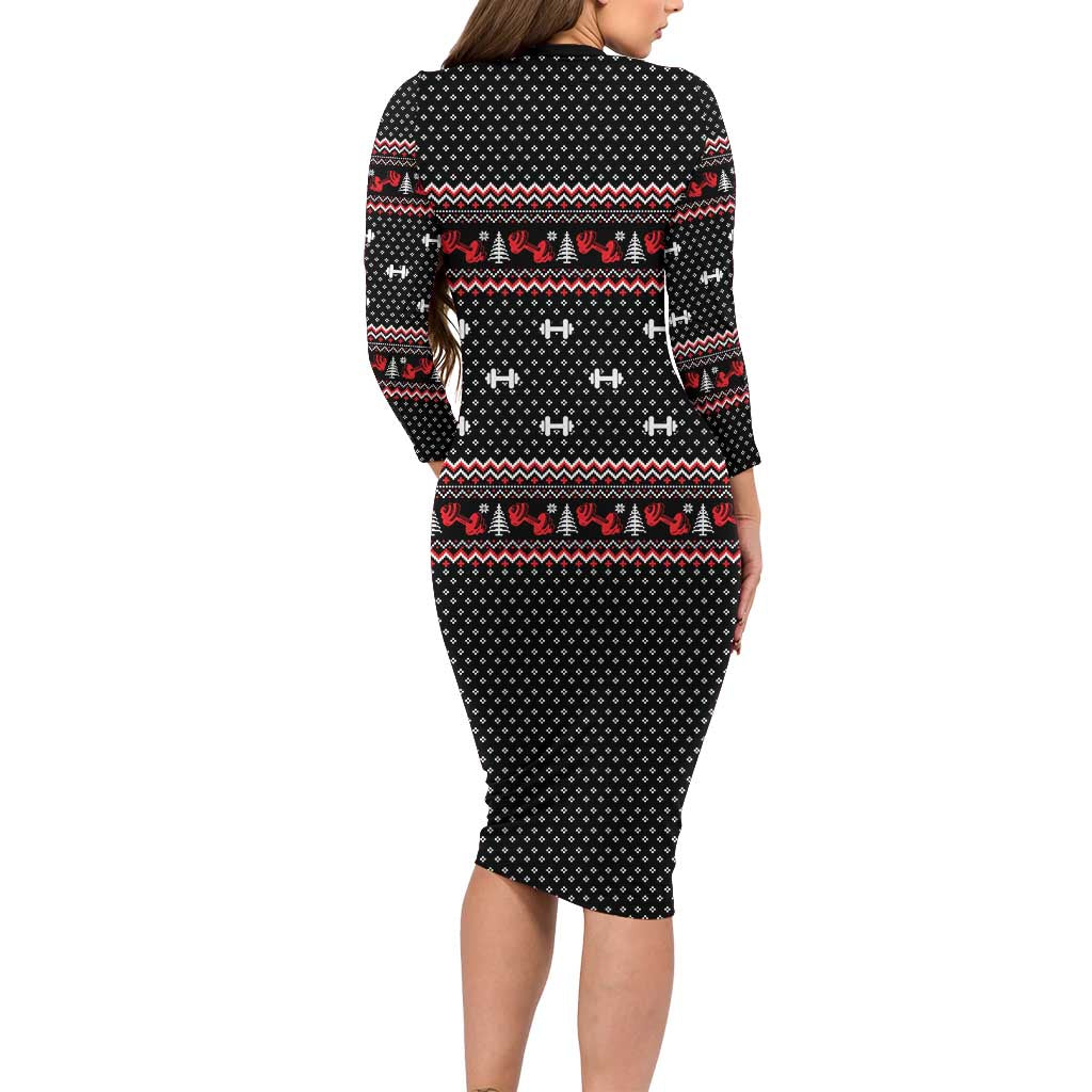 Bodybuilder Santa Christmas Long Sleeve Bodycon Dress with Welcome to the North Swole Quote and Dumbbell - Wonder Print Shop