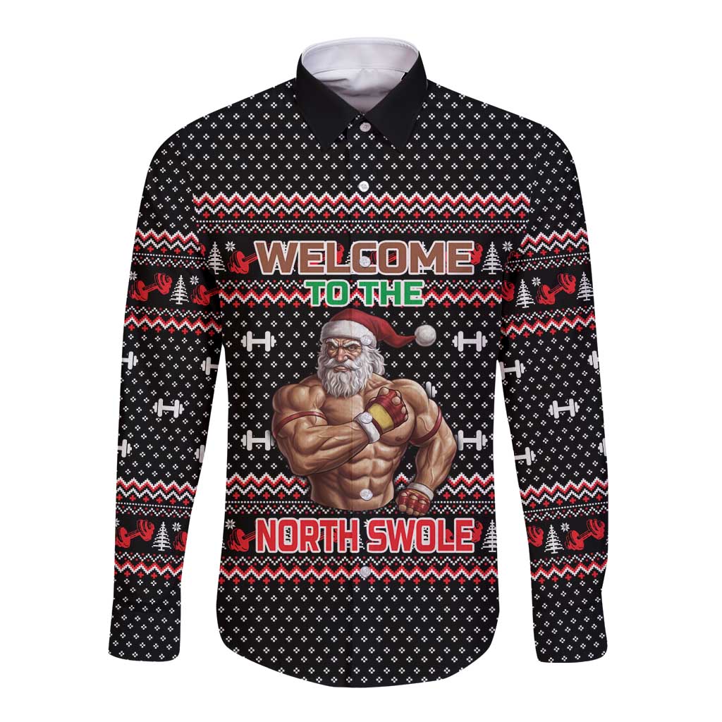 Bodybuilder Santa Christmas Long Sleeve Button Shirt with Welcome to the North Swole Quote and Dumbbell - Wonder Print Shop