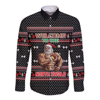 Bodybuilder Santa Christmas Long Sleeve Button Shirt with Welcome to the North Swole Quote and Dumbbell - Wonder Print Shop