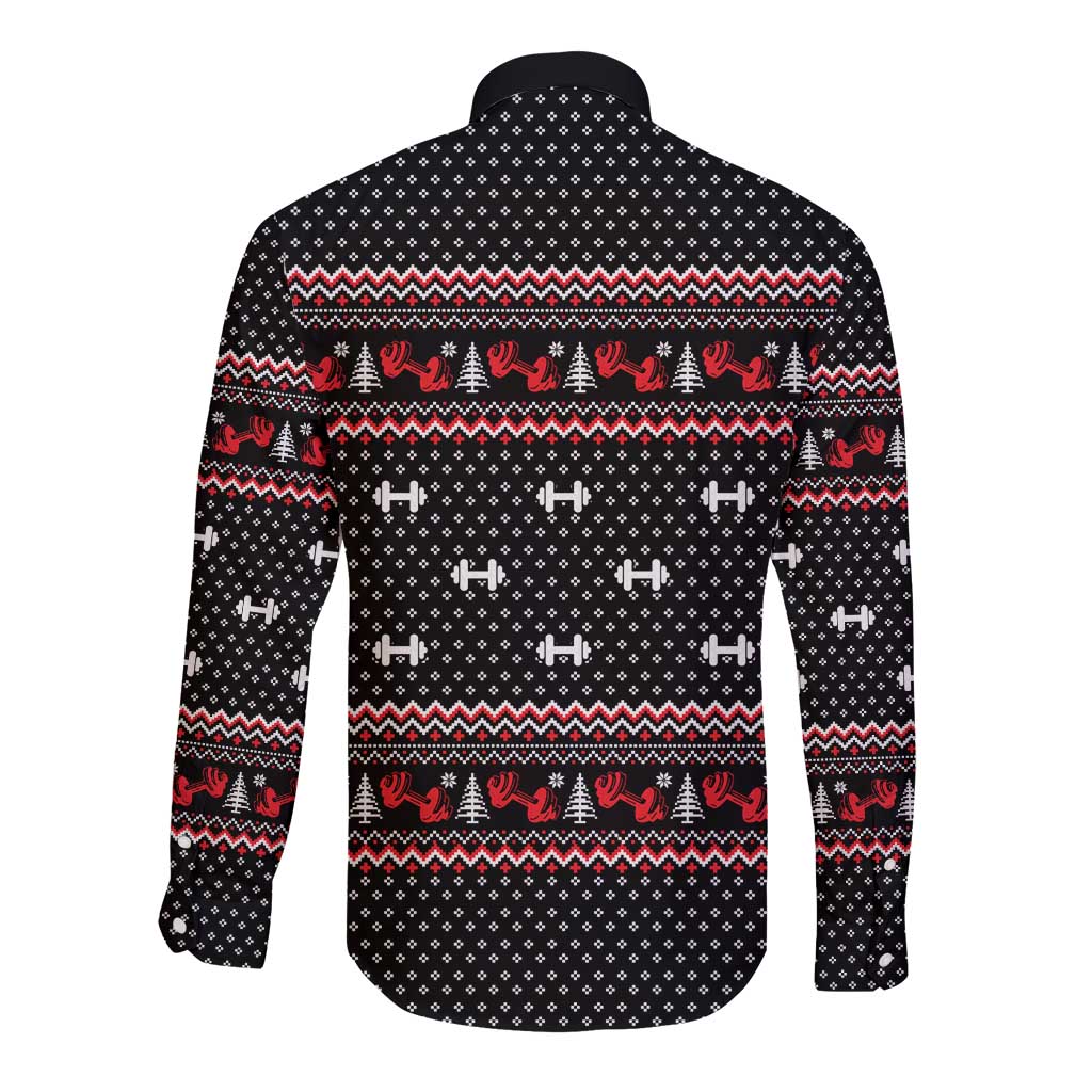Bodybuilder Santa Christmas Long Sleeve Button Shirt with Welcome to the North Swole Quote and Dumbbell - Wonder Print Shop
