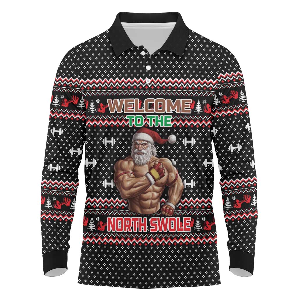 Bodybuilder Santa Christmas Long Sleeve Polo Shirt with Welcome to the North Swole Quote and Dumbbell - Wonder Print Shop