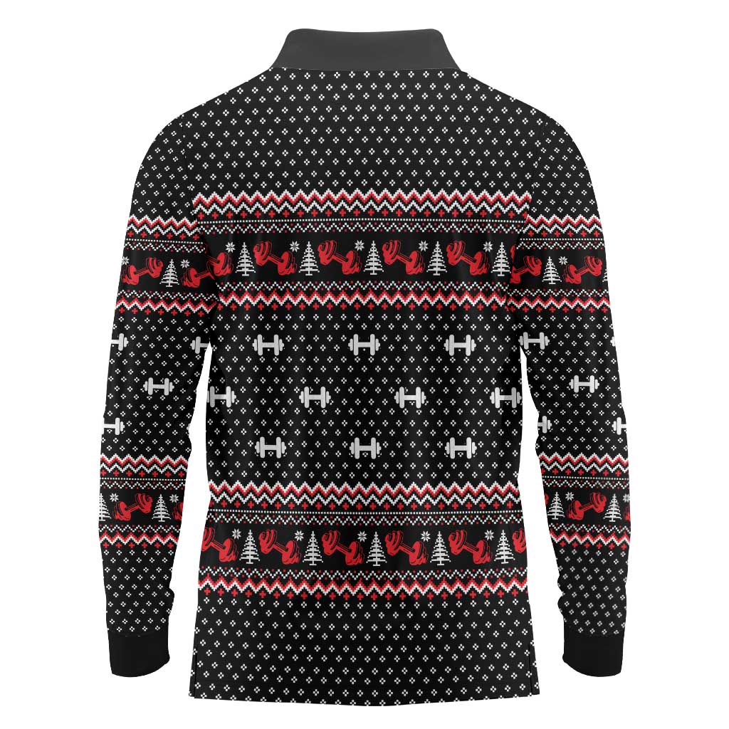 Bodybuilder Santa Christmas Long Sleeve Polo Shirt with Welcome to the North Swole Quote and Dumbbell - Wonder Print Shop