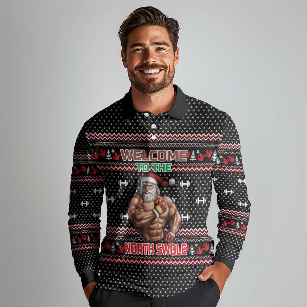 Bodybuilder Santa Christmas Long Sleeve Polo Shirt with Welcome to the North Swole Quote and Dumbbell - Wonder Print Shop
