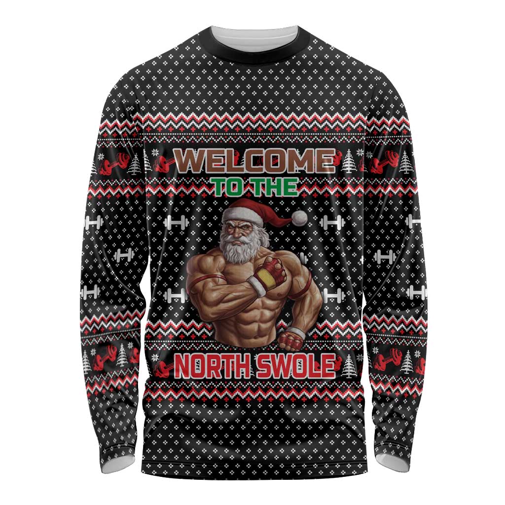 Bodybuilder Santa Christmas Long Sleeve Shirt with Welcome to the North Swole Quote and Dumbbell - Wonder Print Shop