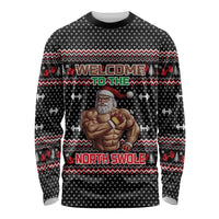 Bodybuilder Santa Christmas Long Sleeve Shirt with Welcome to the North Swole Quote and Dumbbell - Wonder Print Shop