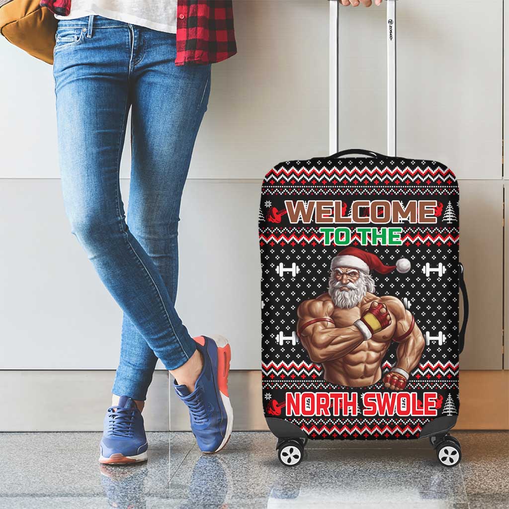 Bodybuilder Santa Christmas Luggage Cover with Welcome to the North Swole Quote and Dumbbell - Wonder Print Shop