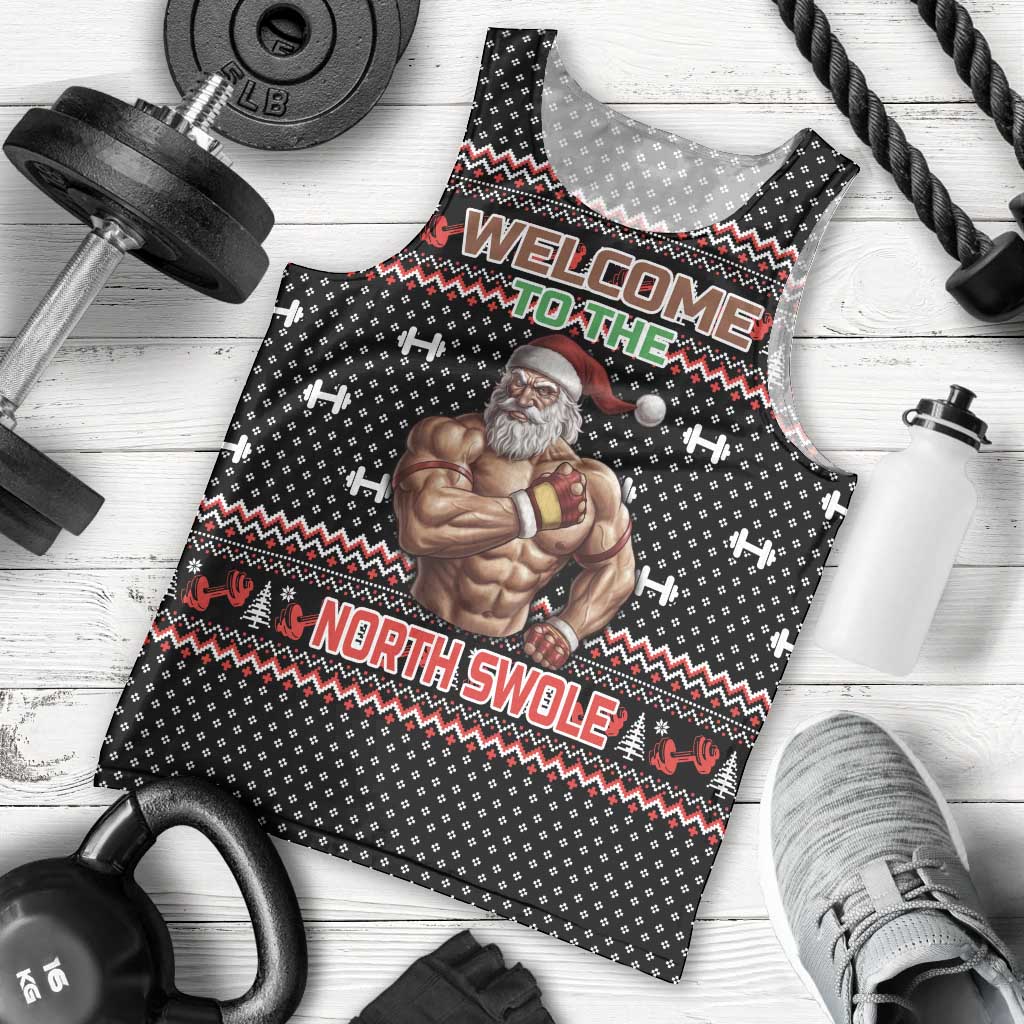 Bodybuilder Santa Christmas Men Tank Top with Welcome to the North Swole Quote and Dumbbell - Wonder Print Shop