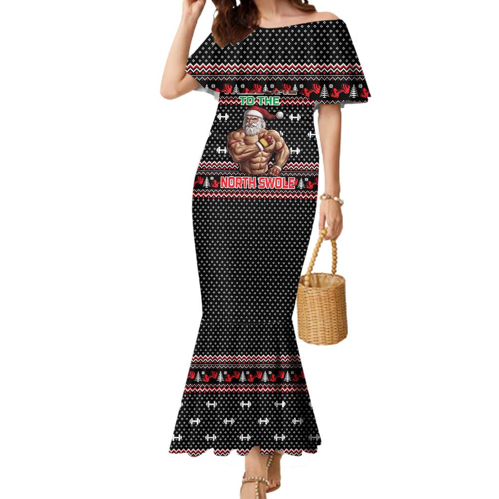 Bodybuilder Santa Christmas Mermaid Dress with Welcome to the North Swole Quote and Dumbbell - Wonder Print Shop