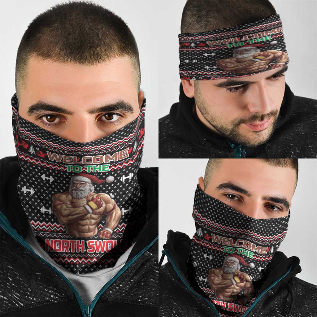 Bodybuilder Santa Christmas Neck Gaiter with Welcome to the North Swole Quote and Dumbbell - Wonder Print Shop