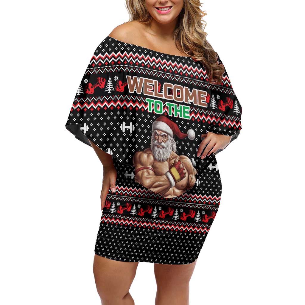 Bodybuilder Santa Christmas Off Shoulder Short Dress with Welcome to the North Swole Quote and Dumbbell - Wonder Print Shop