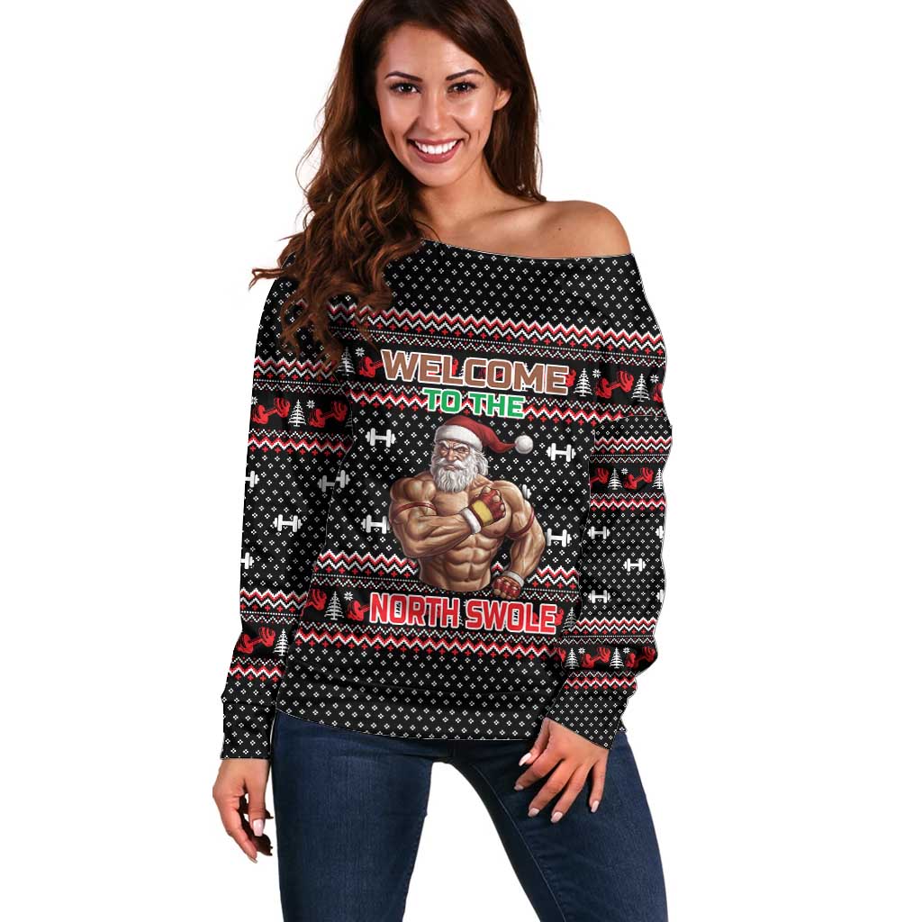 Bodybuilder Santa Christmas Off Shoulder Sweater with Welcome to the North Swole Quote and Dumbbell - Wonder Print Shop