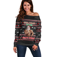 Bodybuilder Santa Christmas Off Shoulder Sweater with Welcome to the North Swole Quote and Dumbbell - Wonder Print Shop