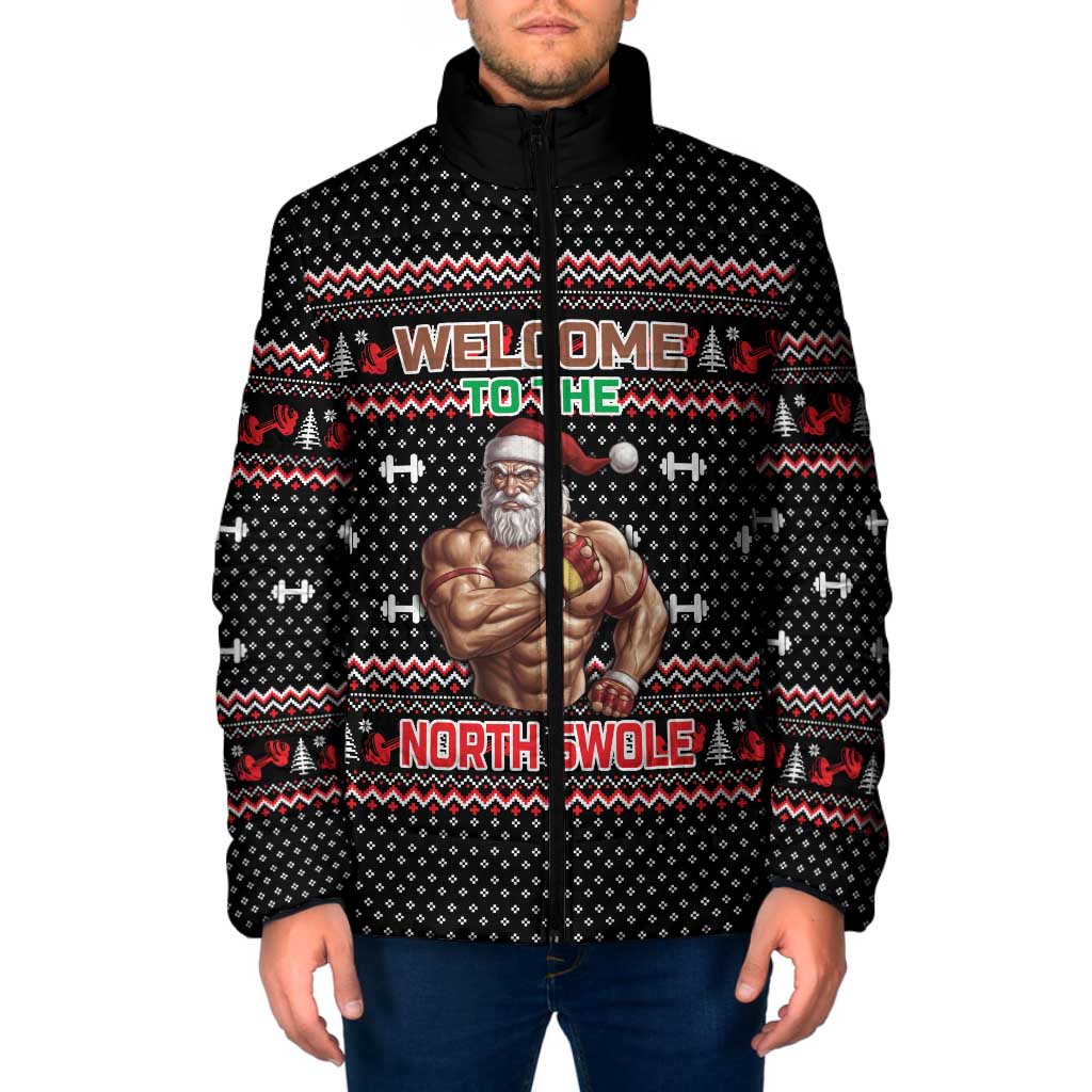Bodybuilder Santa Christmas Padded Jacket with Welcome to the North Swole Quote and Dumbbell - Wonder Print Shop