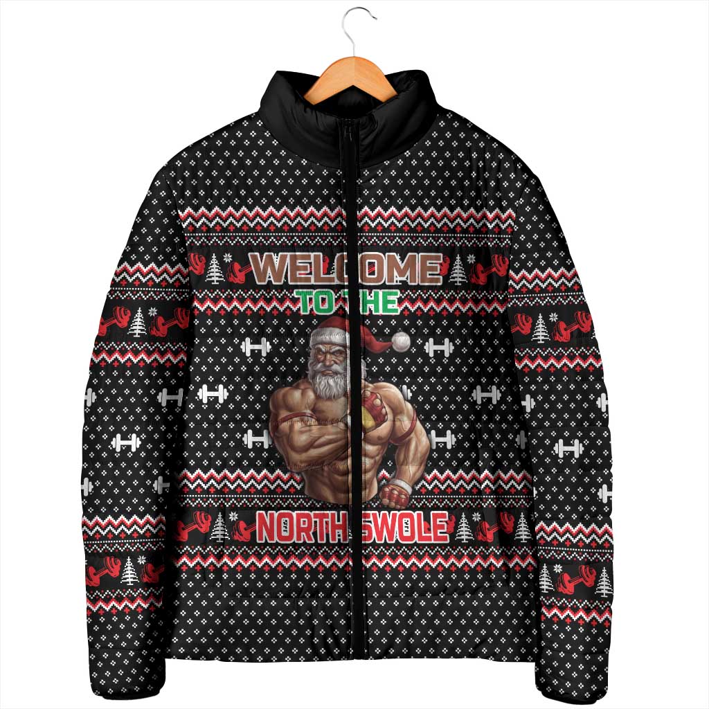 Bodybuilder Santa Christmas Padded Jacket with Welcome to the North Swole Quote and Dumbbell - Wonder Print Shop