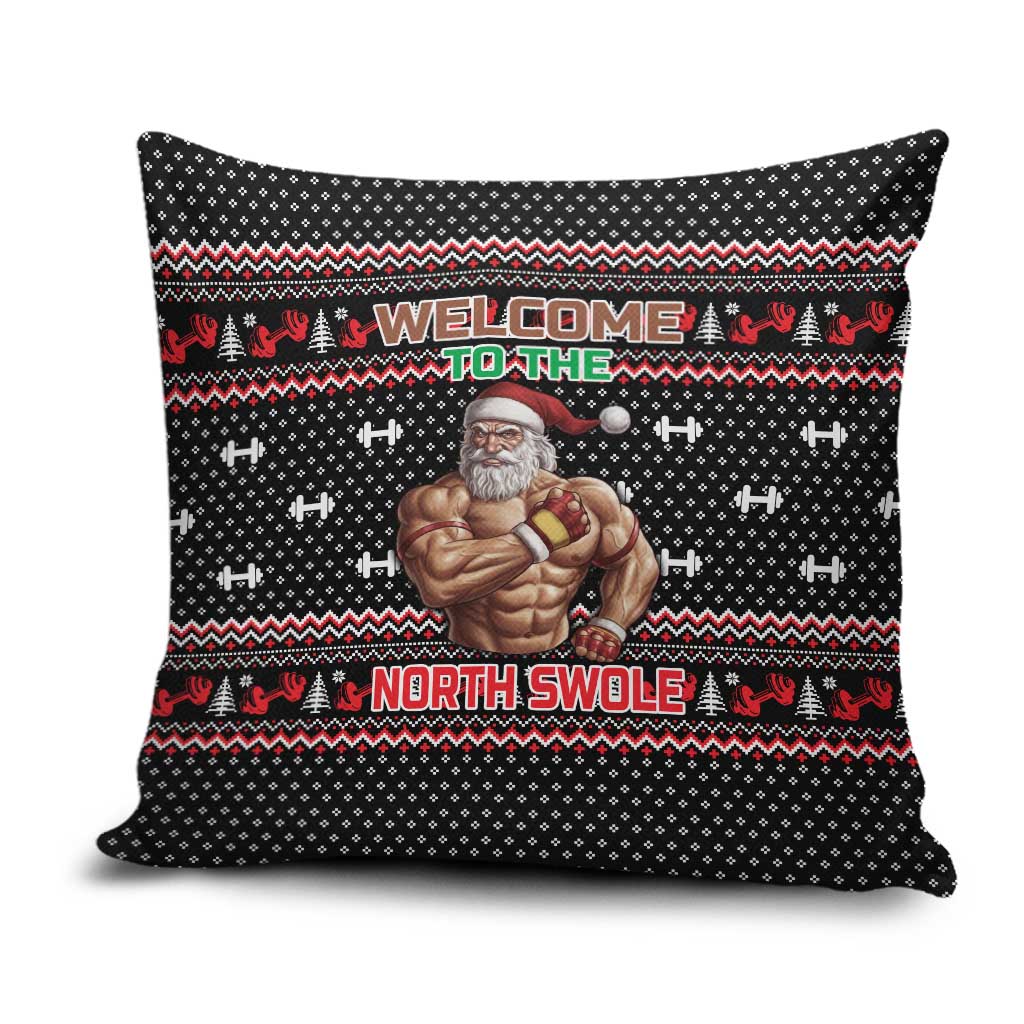 Bodybuilder Santa Christmas Pillow Cover with Welcome to the North Swole Quote and Dumbbell - Wonder Print Shop