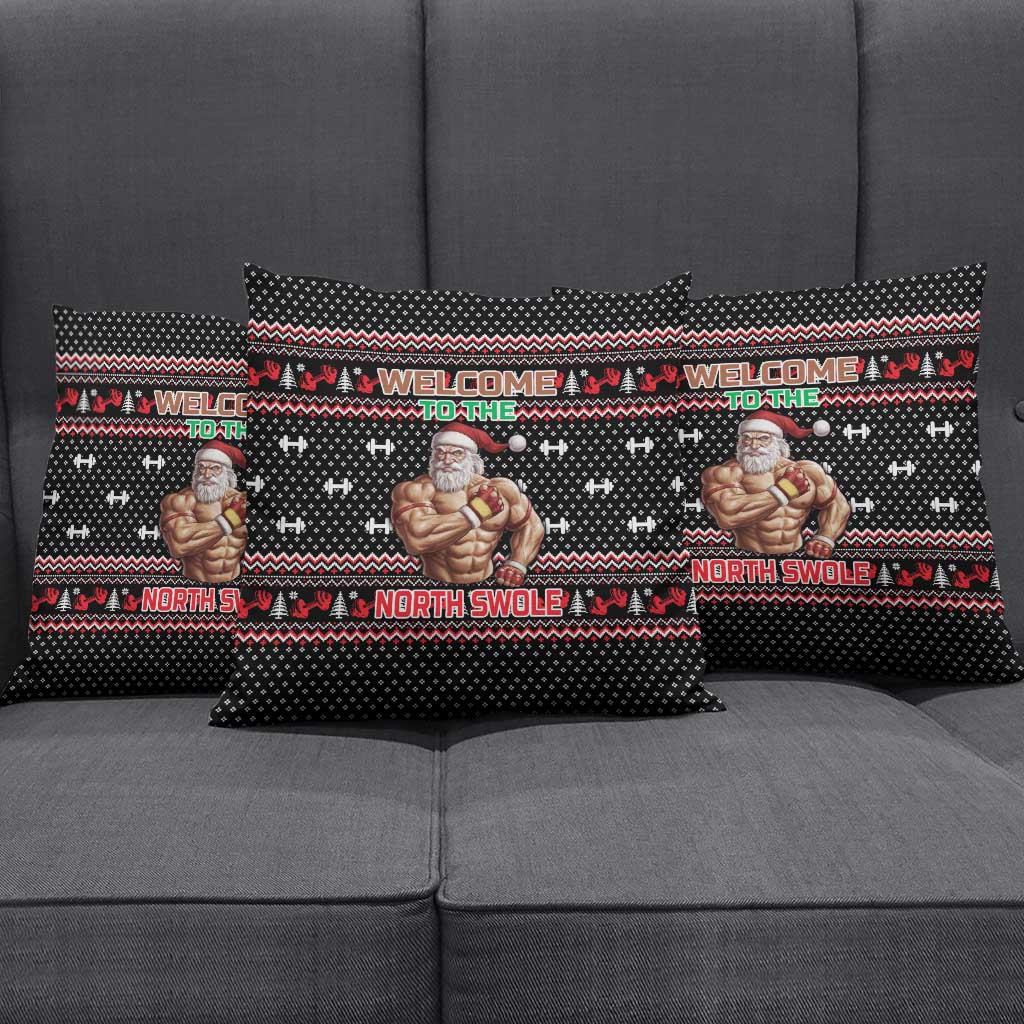 Bodybuilder Santa Christmas Pillow Cover with Welcome to the North Swole Quote and Dumbbell - Wonder Print Shop