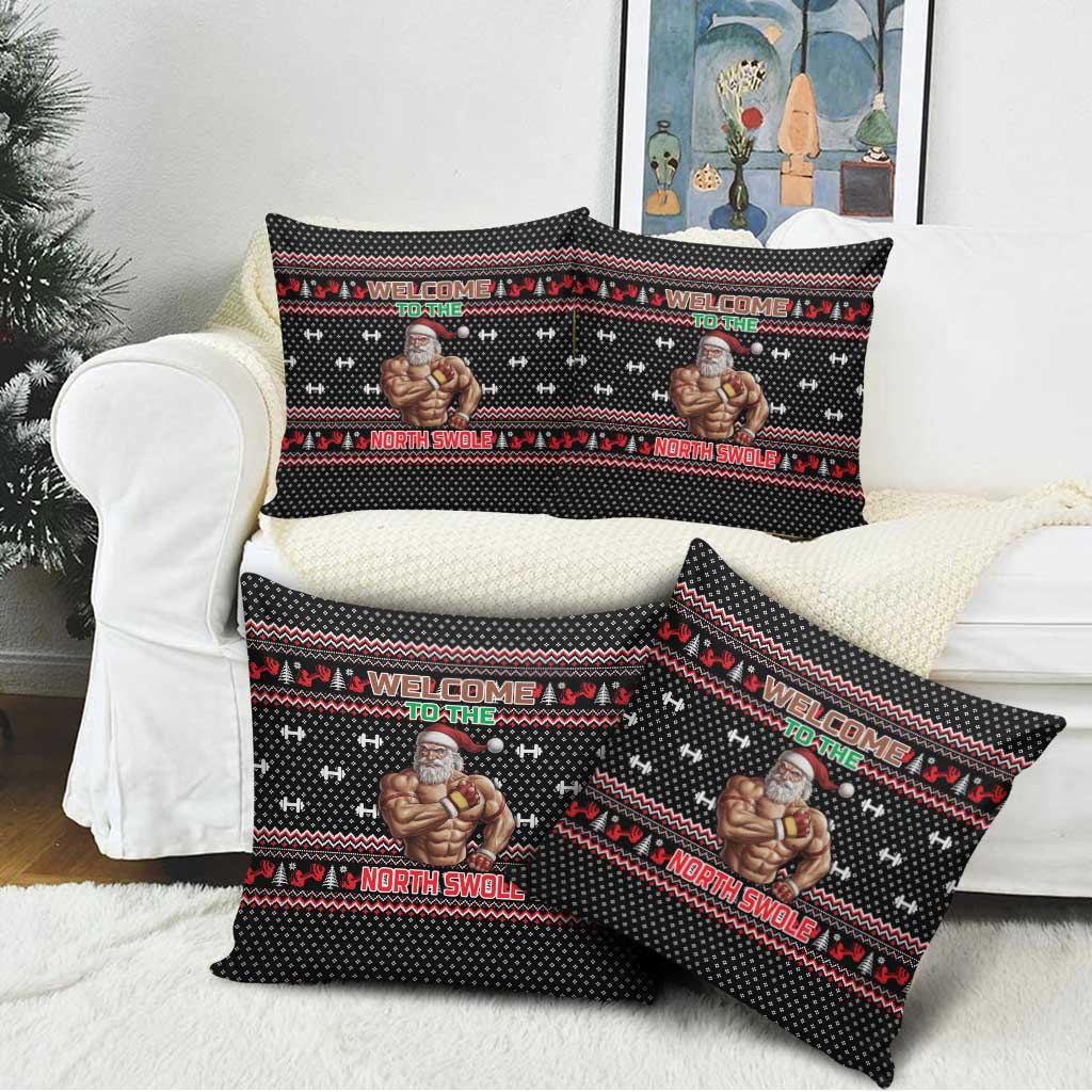 Bodybuilder Santa Christmas Pillow Cover with Welcome to the North Swole Quote and Dumbbell - Wonder Print Shop