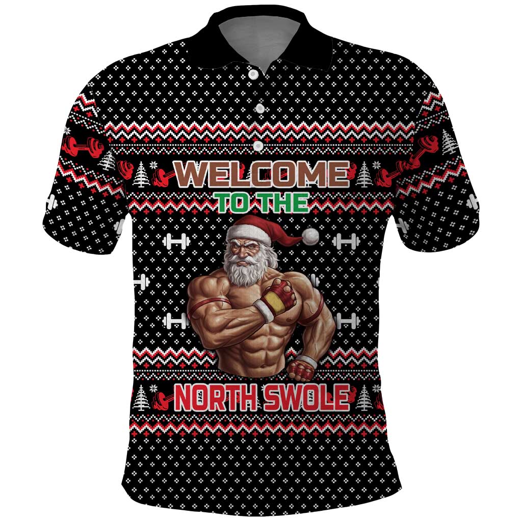 Bodybuilder Santa Christmas Polo Shirt with Welcome to the North Swole Quote and Dumbbell - Wonder Print Shop