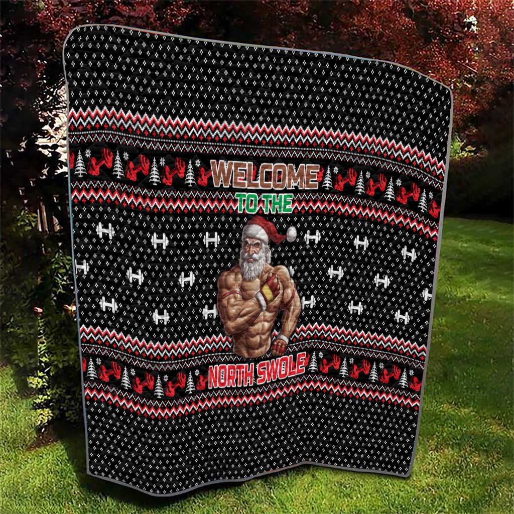 Bodybuilder Santa Christmas Quilt with Welcome to the North Swole Quote and Dumbbell - Wonder Print Shop