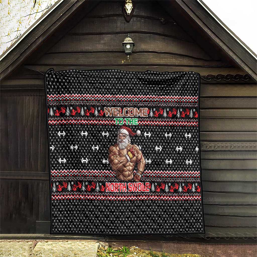 Bodybuilder Santa Christmas Quilt with Welcome to the North Swole Quote and Dumbbell - Wonder Print Shop