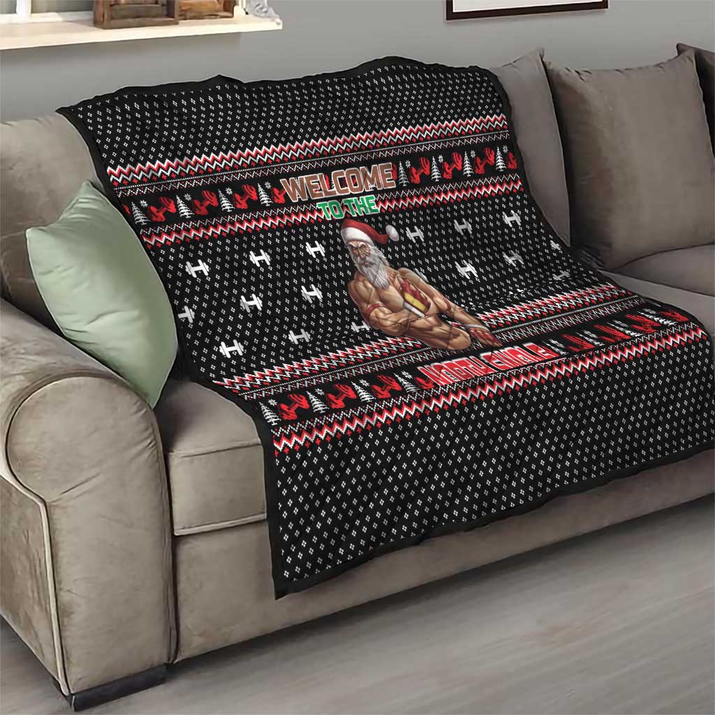 Bodybuilder Santa Christmas Quilt with Welcome to the North Swole Quote and Dumbbell - Wonder Print Shop