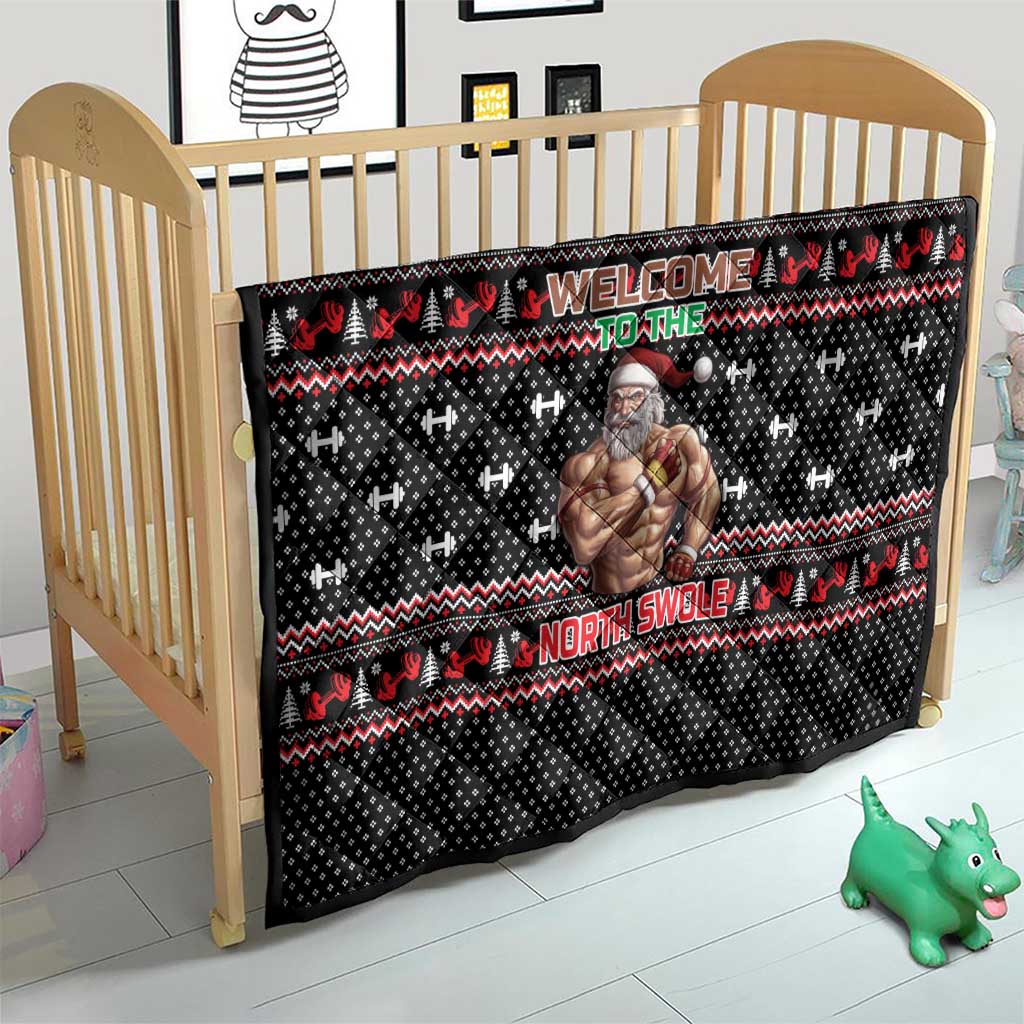 Bodybuilder Santa Christmas Quilt with Welcome to the North Swole Quote and Dumbbell - Wonder Print Shop