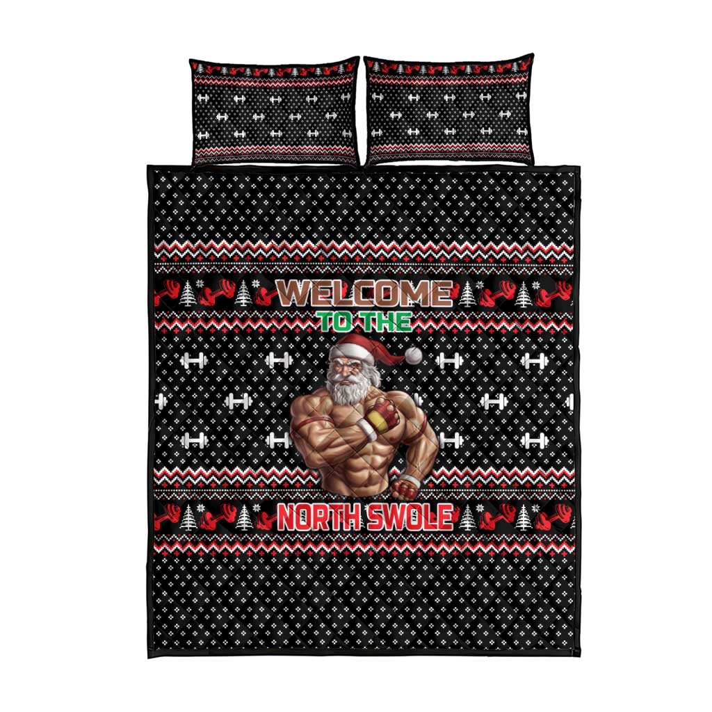 Bodybuilder Santa Christmas Quilt Bed Set with Welcome to the North Swole Quote and Dumbbell - Wonder Print Shop