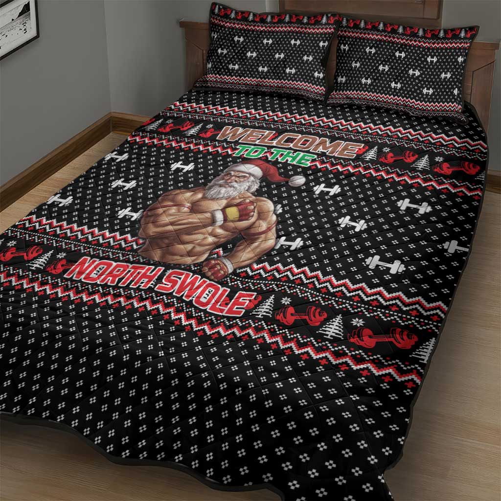 Bodybuilder Santa Christmas Quilt Bed Set with Welcome to the North Swole Quote and Dumbbell - Wonder Print Shop