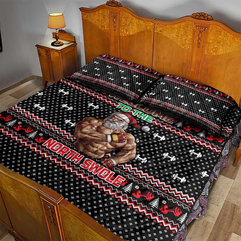 Bodybuilder Santa Christmas Quilt Bed Set with Welcome to the North Swole Quote and Dumbbell - Wonder Print Shop