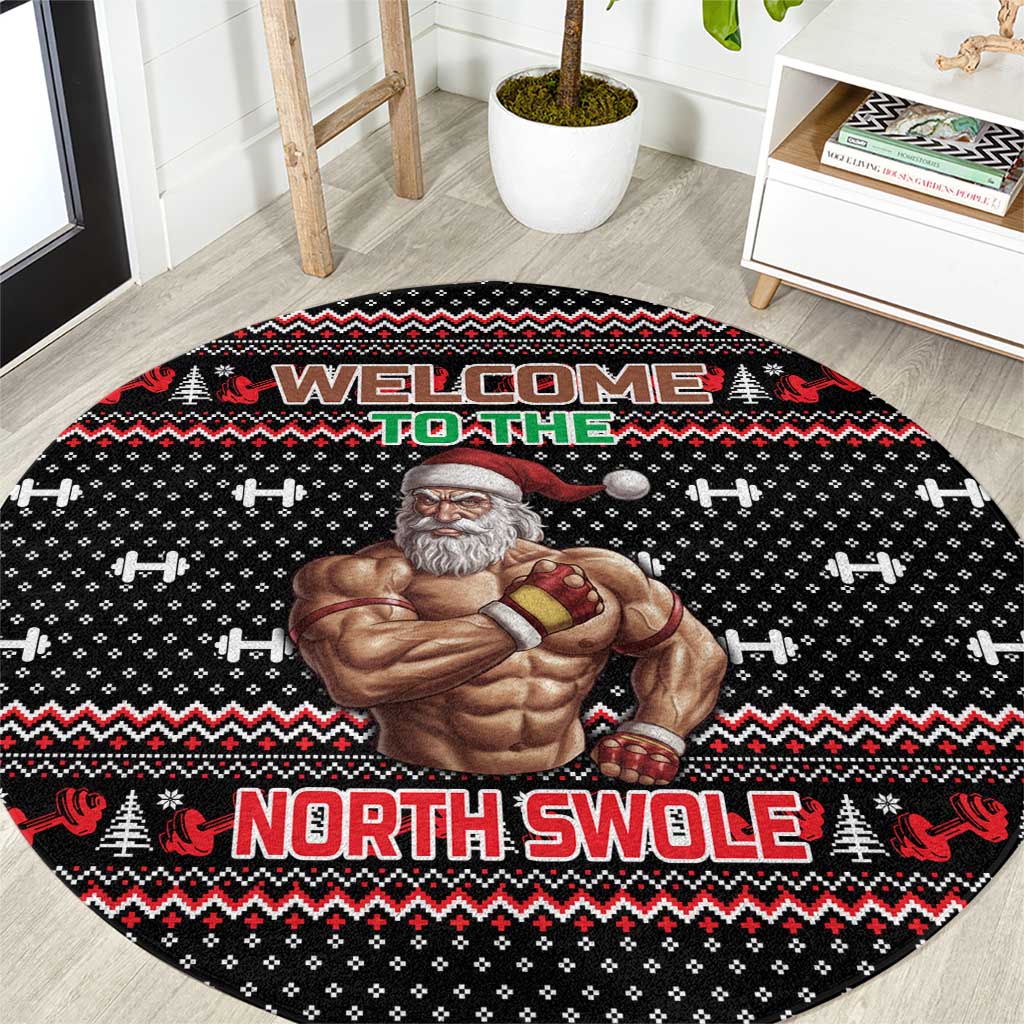 Bodybuilder Santa Christmas Round Carpet with Welcome to the North Swole Quote and Dumbbell - Wonder Print Shop