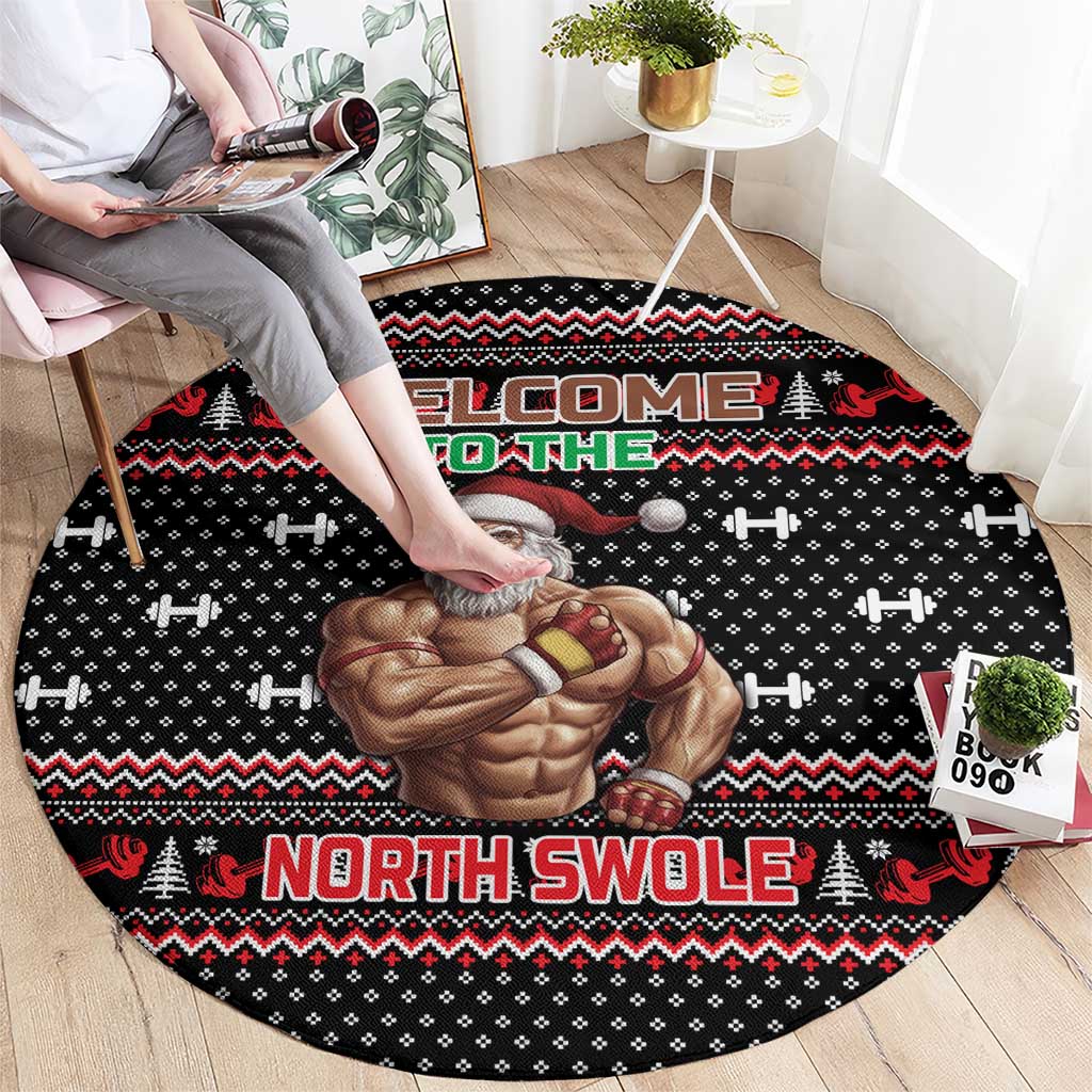 Bodybuilder Santa Christmas Round Carpet with Welcome to the North Swole Quote and Dumbbell - Wonder Print Shop