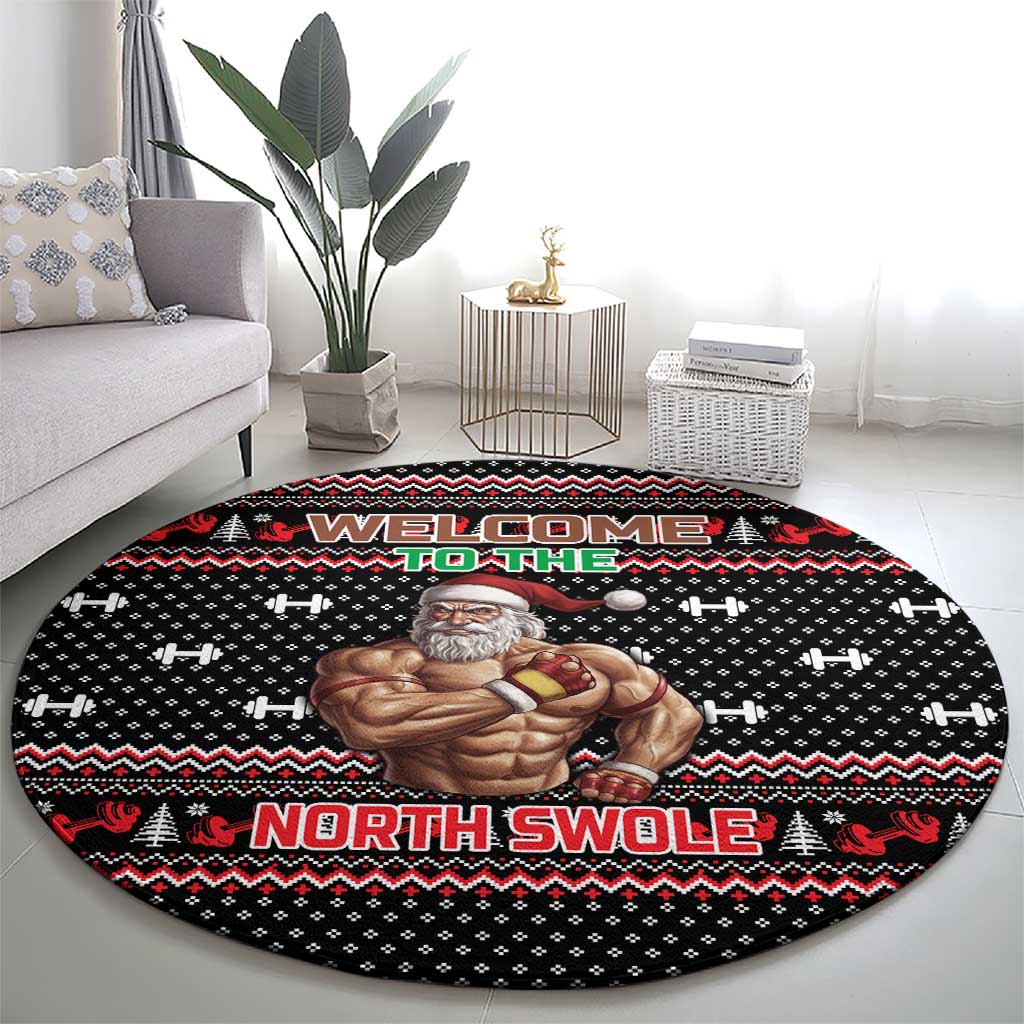 Bodybuilder Santa Christmas Round Carpet with Welcome to the North Swole Quote and Dumbbell - Wonder Print Shop