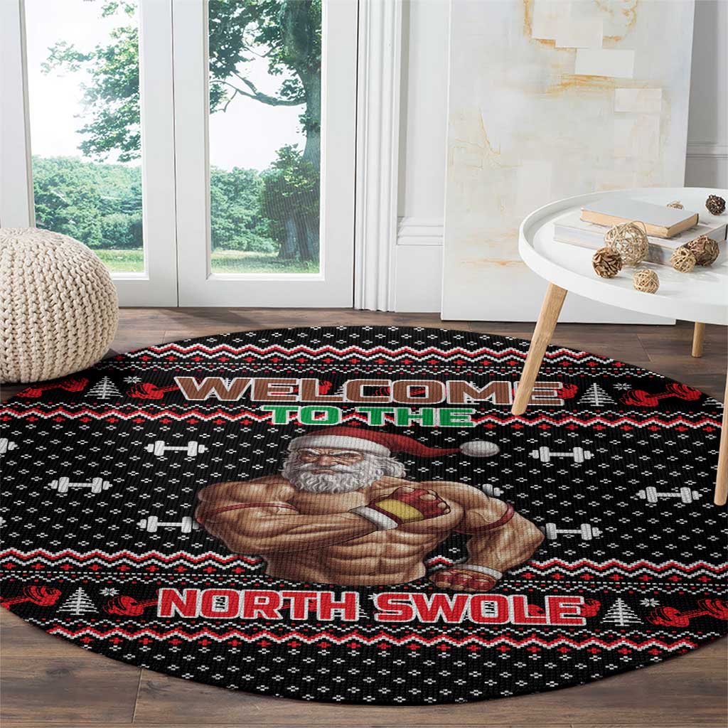 Bodybuilder Santa Christmas Round Carpet with Welcome to the North Swole Quote and Dumbbell - Wonder Print Shop