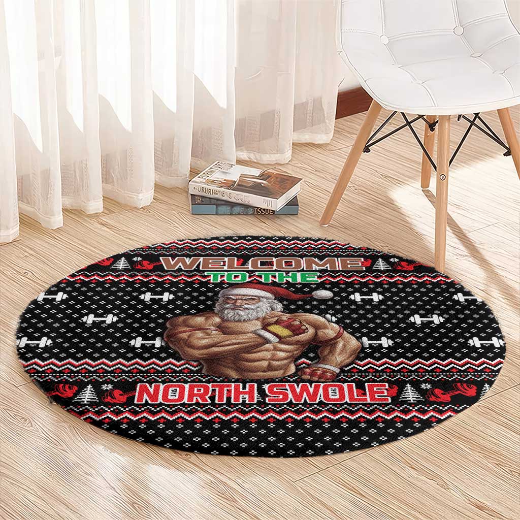 Bodybuilder Santa Christmas Round Carpet with Welcome to the North Swole Quote and Dumbbell - Wonder Print Shop