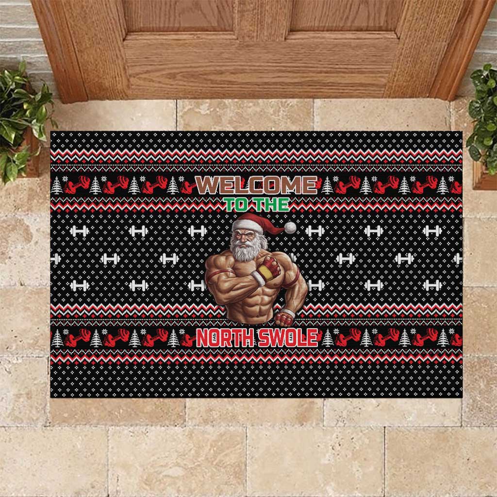 Bodybuilder Santa Christmas Rubber Doormat with Welcome to the North Swole Quote and Dumbbell - Wonder Print Shop