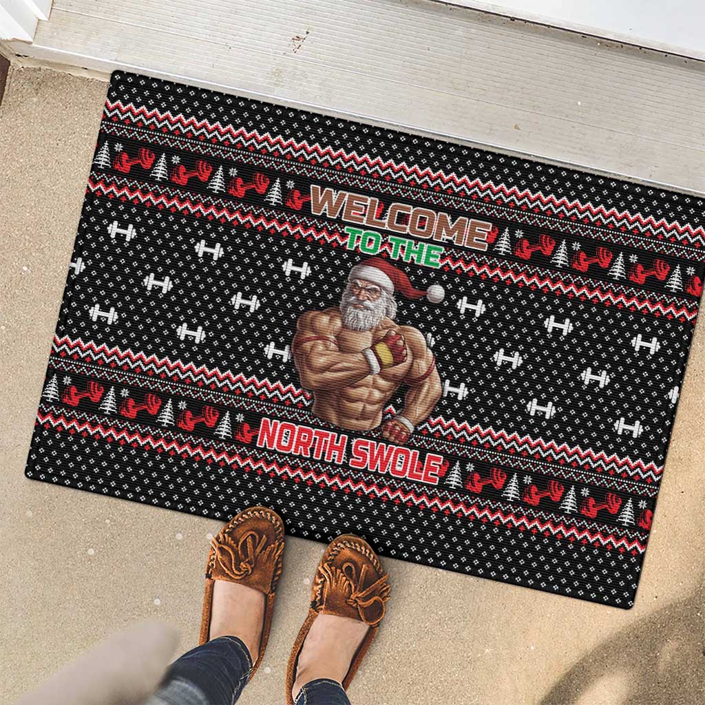 Bodybuilder Santa Christmas Rubber Doormat with Welcome to the North Swole Quote and Dumbbell - Wonder Print Shop