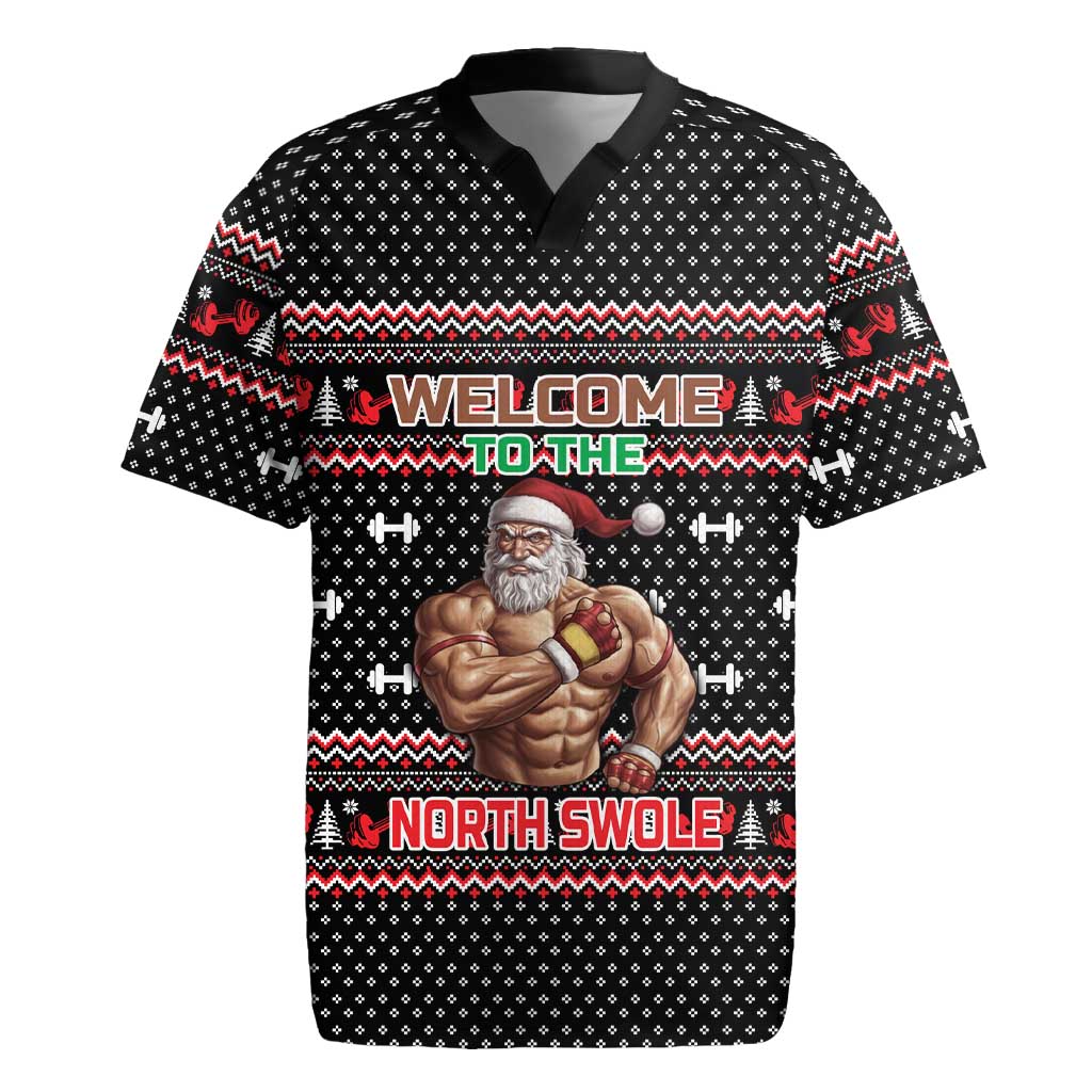 Bodybuilder Santa Christmas Rugby Jersey with Welcome to the North Swole Quote and Dumbbell - Wonder Print Shop