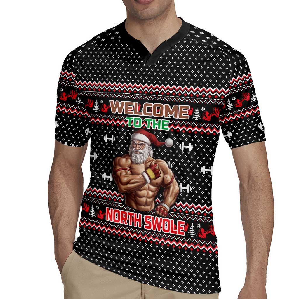 Bodybuilder Santa Christmas Rugby Jersey with Welcome to the North Swole Quote and Dumbbell - Wonder Print Shop