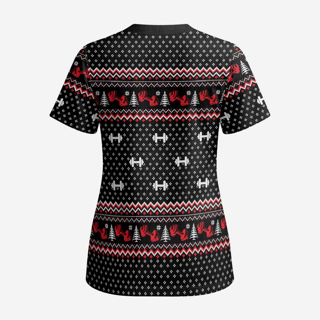 Bodybuilder Santa Christmas Scrub Top with Welcome to the North Swole Quote and Dumbbell - Wonder Print Shop