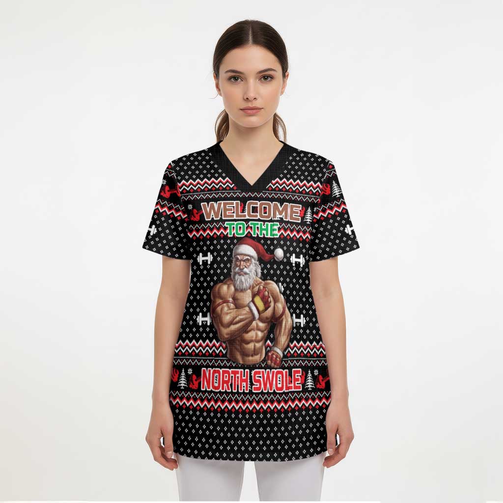 Bodybuilder Santa Christmas Scrub Top with Welcome to the North Swole Quote and Dumbbell - Wonder Print Shop