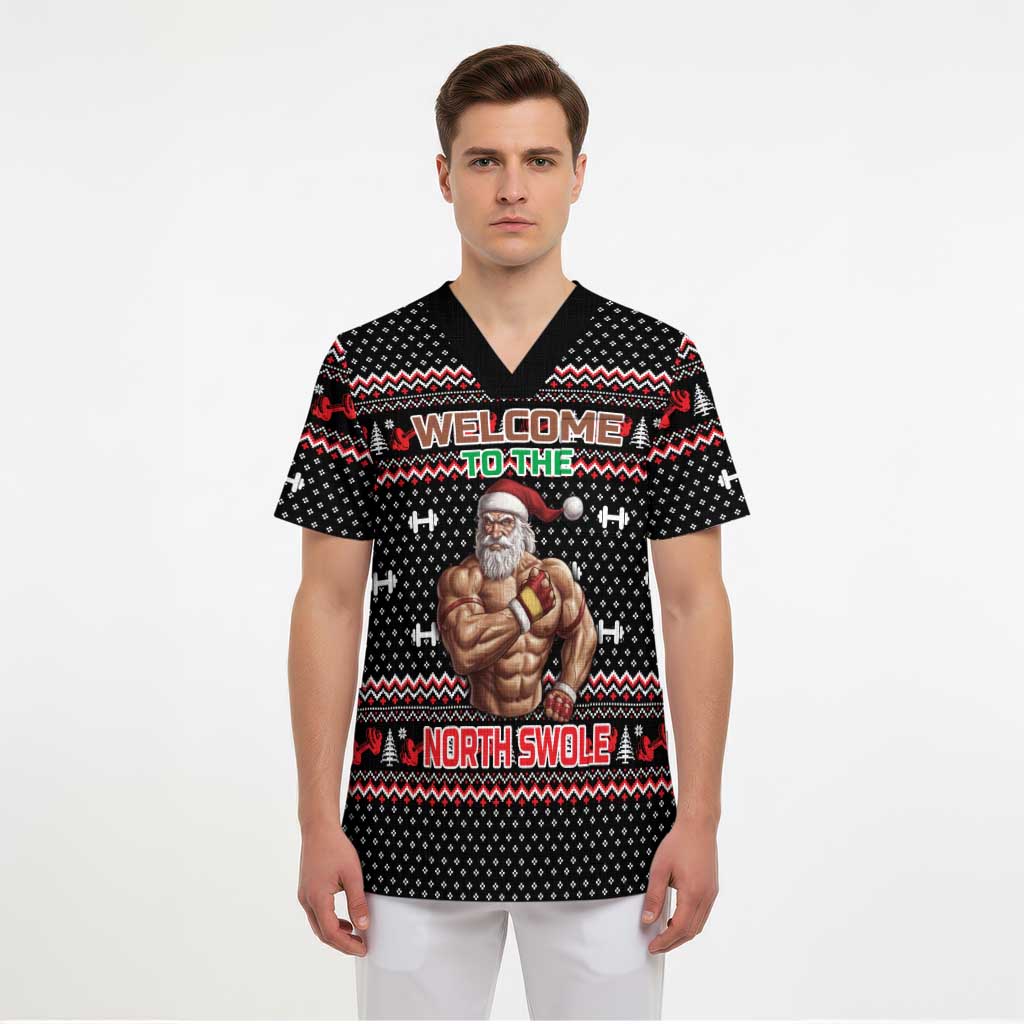 Bodybuilder Santa Christmas Scrub Top with Welcome to the North Swole Quote and Dumbbell - Wonder Print Shop