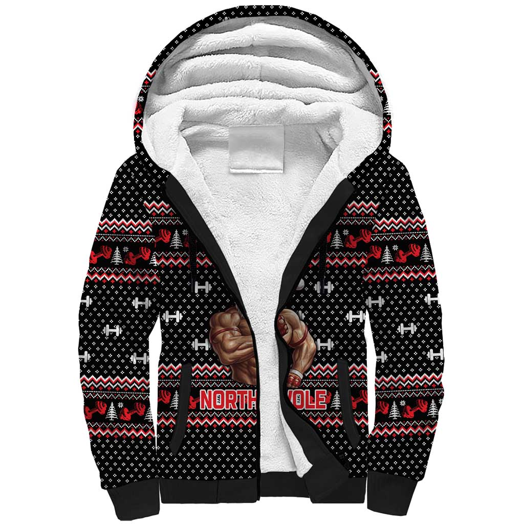 Bodybuilder Santa Christmas Sherpa Hoodie with Welcome to the North Swole Quote and Dumbbell - Wonder Print Shop